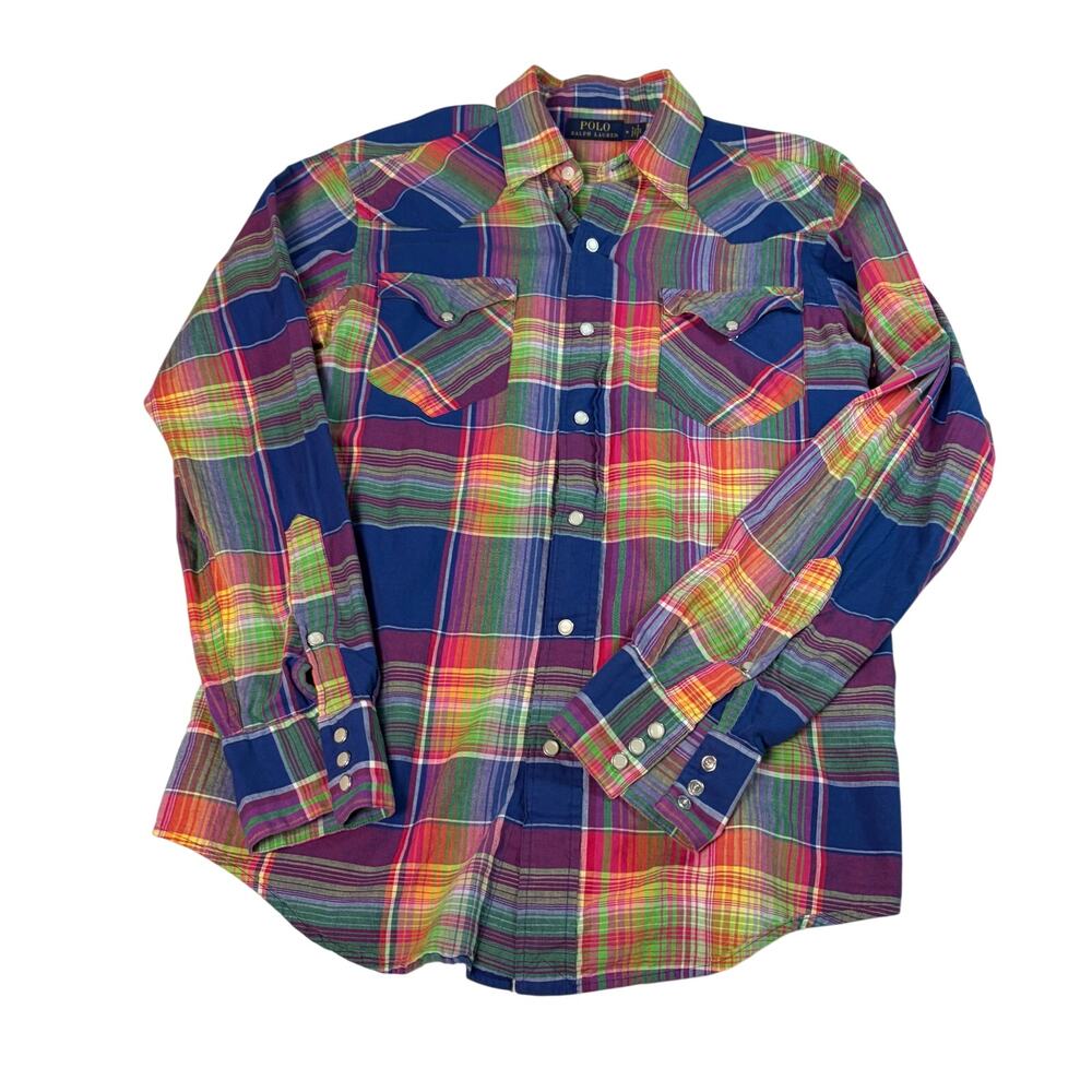 Polo Ralph Lauren Mens classic fit blue green plaid western style shirt. Size M
